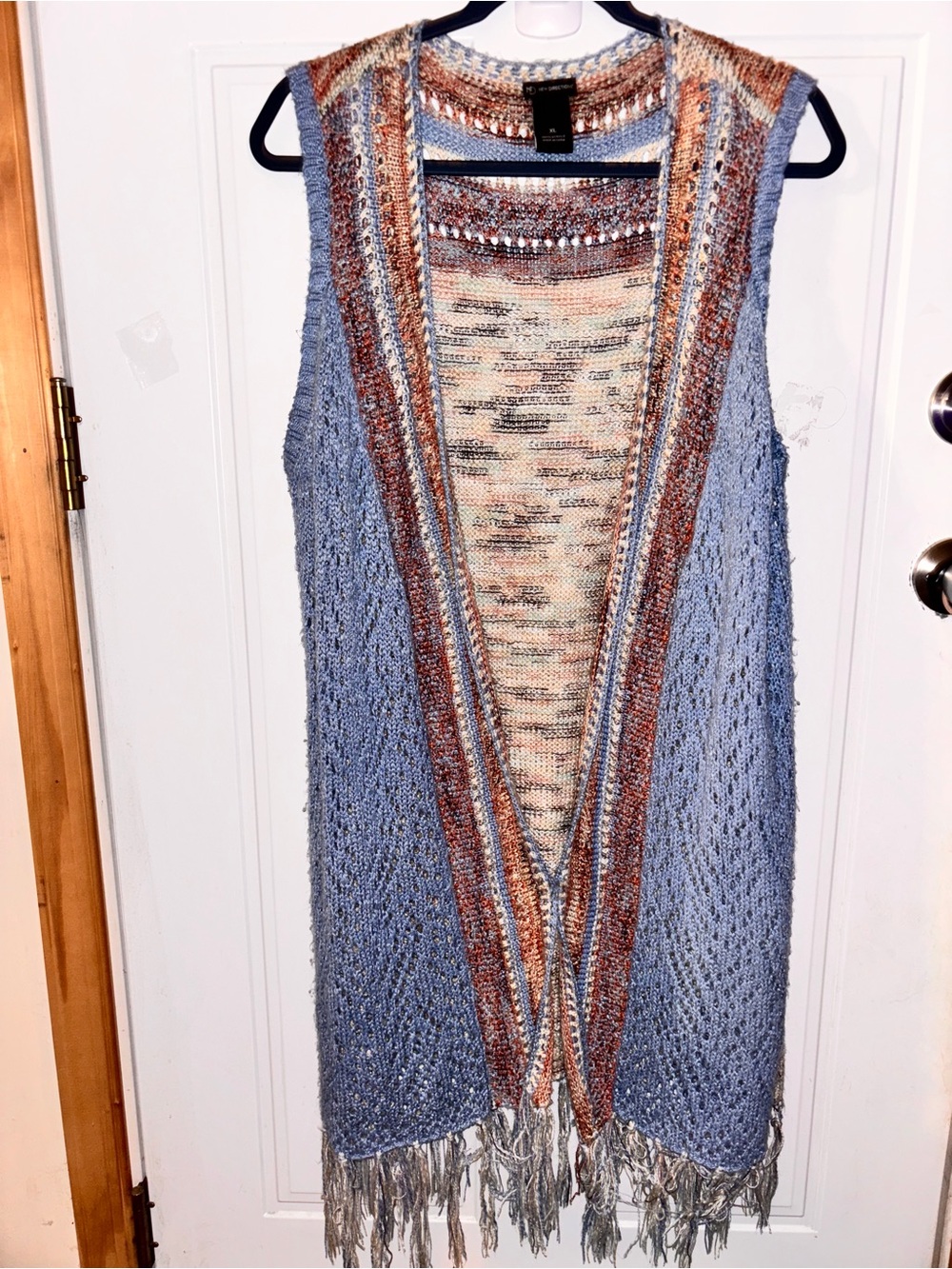 new directions Sleeveless Open-Front Fringe Knit Vest in Blue and Rust Multi